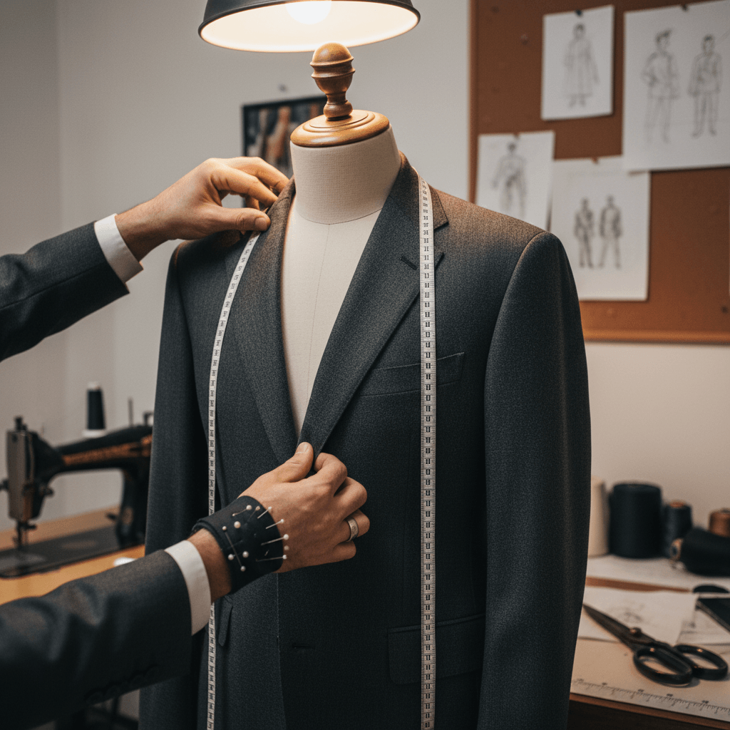 Tailor adjusting a suit jacket for a precise fit.